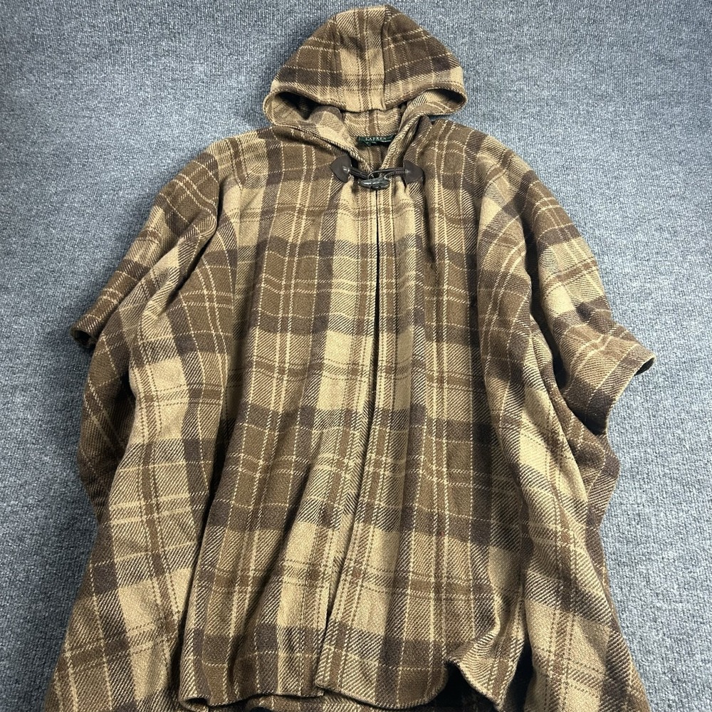 Lauren Ralph Lauren Cape Womens L/XL Brown Plaid Wool Hooded Poncho Coat